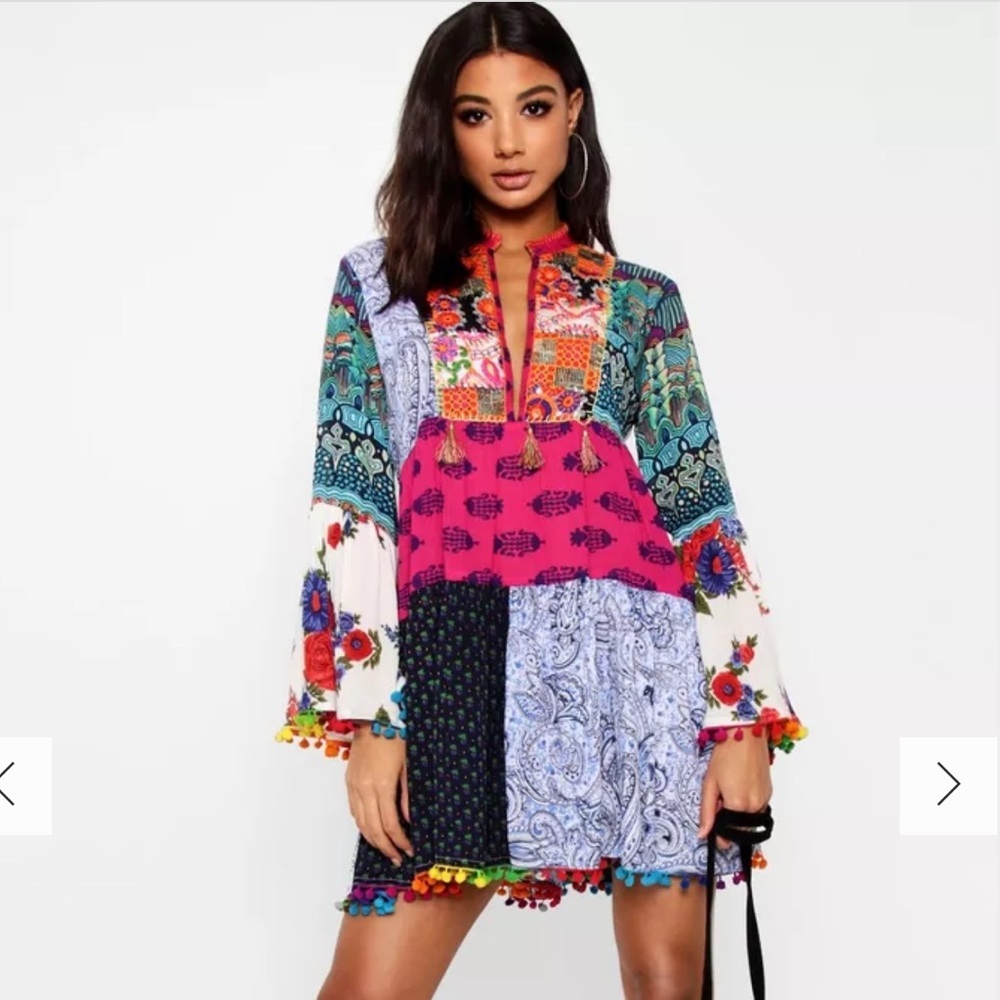 - Beautiful Boho Patchwork Paisley Print  Tassel Shift Mini/Top